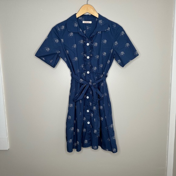 Tullette Women's XS Blue White Dot Print Short Sleeve Button Down Belted Dress - Picture 1 of 10